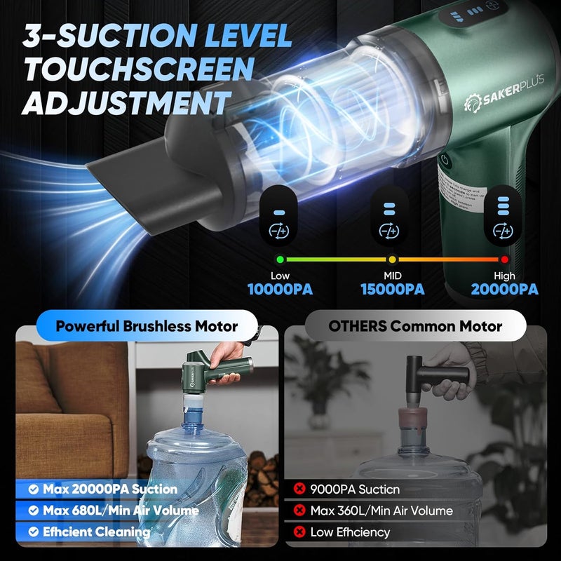 SakerPlus Hand Held Car Vacuum Cordless, 20000PA High Power Handheld Portable Vacuum & Air Duster for Car Home, 4-in-1 Mini Vacuum Cleaner with LED Display - Vacuuming, Blowing, Inflating & Deflating - Image 5